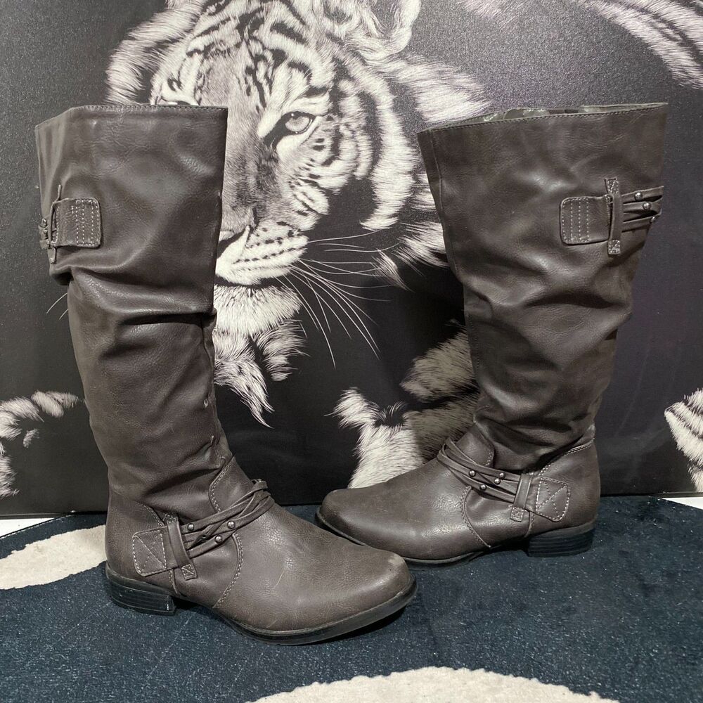 White Mountain Knee-High Riding Boot Women's 8M Gray Leather Slouchy Studded